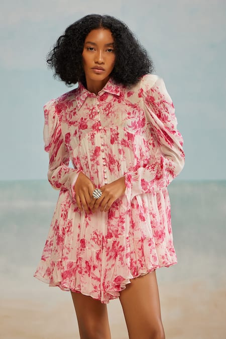 The Iaso White Crepe, Modal Collared Fay Floral Print Short Dress Online at Aza Fashions The Iaso_White Crepe, Modal Collared Fay Floral Print Short Dress _Online_at_Aza_Fashions