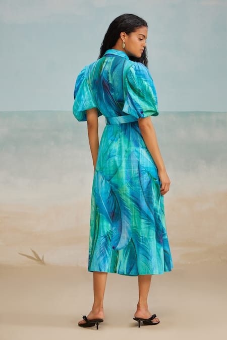 Shop_The Iaso_Blue Modal, Jacquard Buckles Collared Darla Feather Tropical Print Shirt Dress _at_Aza_Fashions