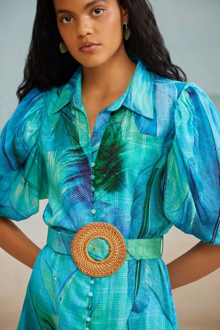 Buy_The Iaso_Blue Modal, Jacquard Buckles Collared Darla Feather Tropical Print Shirt Dress _Online_at_Aza_Fashions
