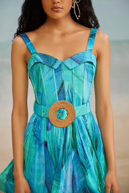Buy The Iaso Blue Jacquard, Modal Buckles Darla Feather Corset Mini Dress With Belt Online at Aza Fashions Buy_The Iaso_Blue Jacquard, Modal Buckles Darla Feather Corset Mini Dress With Belt _Online_at_Aza_Fashions