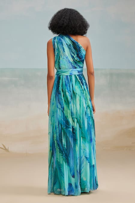 Shop The Iaso Blue Chiffon, Modal One Shoulder Darla Feather Gathered Dress at Aza Fashions Shop_The Iaso_Blue Chiffon, Modal One Shoulder Darla Feather Gathered Dress _at_Aza_Fashions