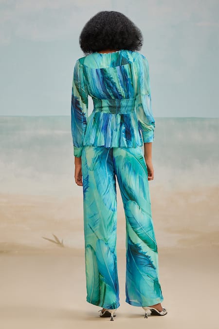 Shop The Iaso Blue Chiffon, Modal Darla Feather Fit And Flare Pant at Aza Fashions Shop_The Iaso_Blue Chiffon, Modal Darla Feather Fit And Flare Pant _at_Aza_Fashions