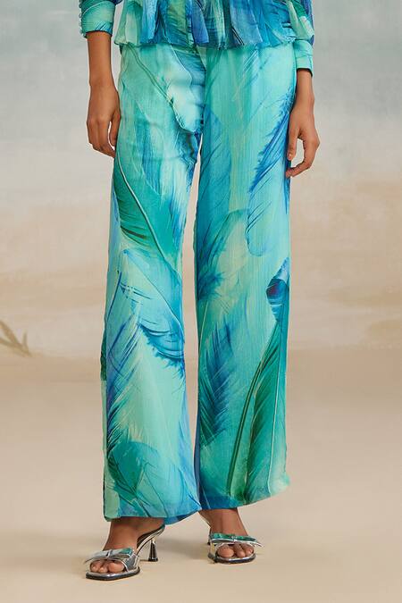The Iaso Blue Chiffon, Modal Darla Feather Fit And Flare Pant Online at Aza Fashions The Iaso_Blue Chiffon, Modal Darla Feather Fit And Flare Pant _Online_at_Aza_Fashions