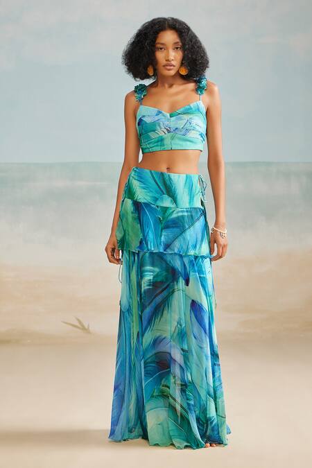 Shop_THE IASO_Blue Viscose Darla Feather Layered Skirt _Online_at_Aza_Fashions
