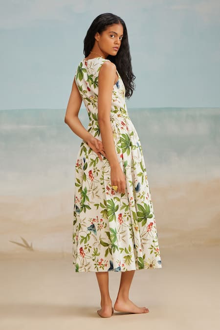 Shop The Iaso White Cotton, Canvas, Modal Plunge Neck Pono Midi Floral Print Dress at Aza Fashions Shop_The Iaso_White Cotton, Canvas, Modal Plunge Neck Pono Midi Floral Print Dress _at_Aza_Fashions
