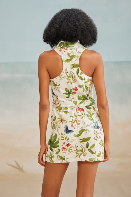 Shop The Iaso White Cotton, Modal Embroidery Collared Pono Floral Print Mini Dress With Belt at Aza Fashions Shop_The Iaso_White Cotton, Modal Embroidery Collared Pono Floral Print Mini Dress With Belt _at_Aza_Fashions