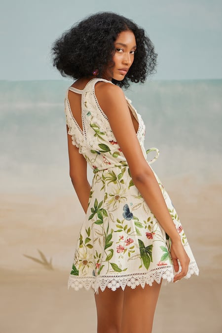 Shop_The Iaso_White Cotton, Modal Lace V-neck Pono Floral Print Short Dress With Belt _at_Aza_Fashions