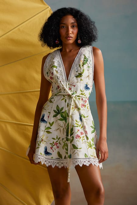 Buy_The Iaso_White Cotton, Modal Lace V-neck Pono Floral Print Short Dress With Belt _Online_at_Aza_Fashions