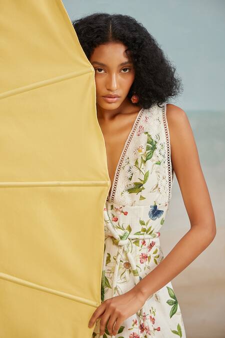 Shop_The Iaso_White Cotton, Modal Lace V-neck Pono Floral Print Short Dress With Belt _Online_at_Aza_Fashions