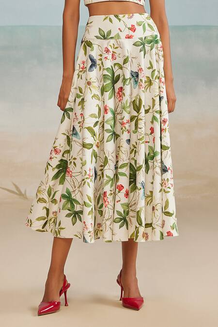 The Iaso White Cotton, Modal Pono Floral Print Midi Skirt Online at Aza Fashions The Iaso_White Cotton, Modal Pono Floral Print Midi Skirt _Online_at_Aza_Fashions