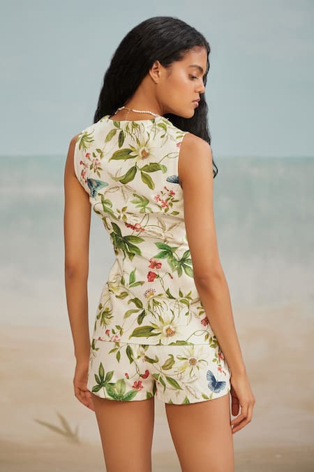 Shop The Iaso White Cotton, Modal Pono Floral Print Shorts at Aza Fashions Shop_The Iaso_White Cotton, Modal Pono Floral Print Shorts _at_Aza_Fashions