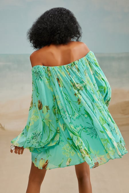 Shop The Iaso Green Chiffon, Modal Off-shoulder Mele Off Dress With Belt at Aza Fashions Shop_The Iaso_Green Chiffon, Modal Off-shoulder Mele Off Dress With Belt _at_Aza_Fashions