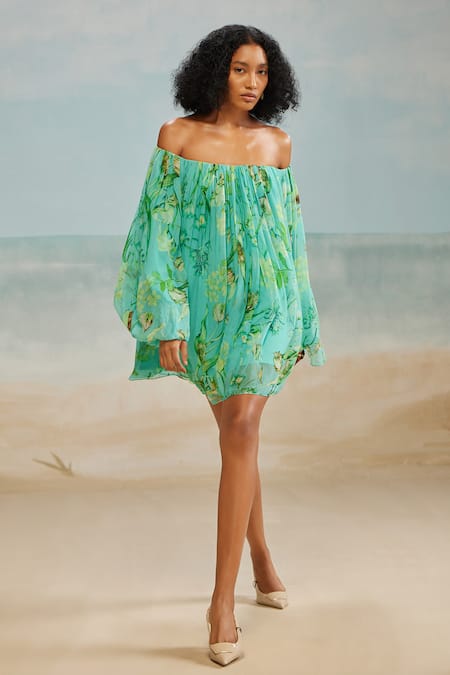 The Iaso Green Chiffon, Modal Off-shoulder Mele Off Dress With Belt Online at Aza Fashions The Iaso_Green Chiffon, Modal Off-shoulder Mele Off Dress With Belt _Online_at_Aza_Fashions