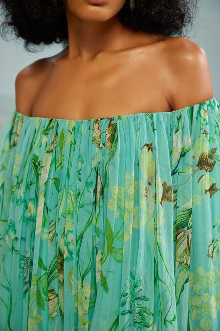 Buy The Iaso Green Chiffon, Modal Off-shoulder Mele Off Dress With Belt Online at Aza Fashions Buy_The Iaso_Green Chiffon, Modal Off-shoulder Mele Off Dress With Belt _Online_at_Aza_Fashions