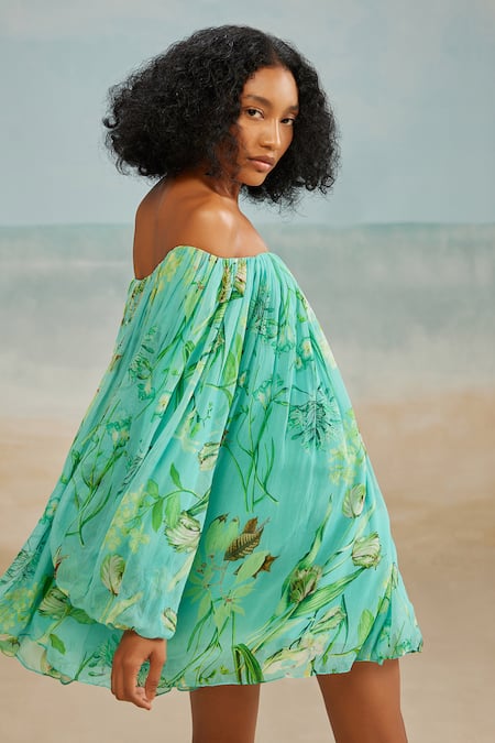 Shop The Iaso Green Chiffon, Modal Off-shoulder Mele Off Dress With Belt Online at Aza Fashions Shop_The Iaso_Green Chiffon, Modal Off-shoulder Mele Off Dress With Belt _Online_at_Aza_Fashions