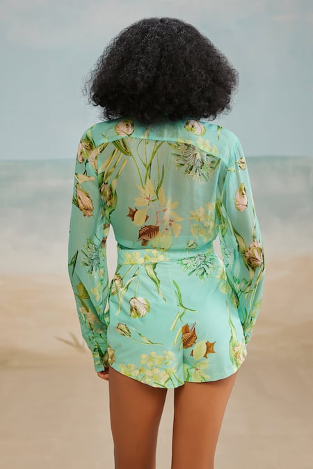 Shop_THE IASO_Green Chiffon Collared Mele Front Tie Shirt _at_Aza_Fashions