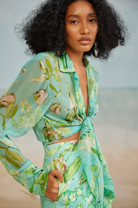 Buy_THE IASO_Green Chiffon Collared Mele Front Tie Shirt _Online_at_Aza_Fashions