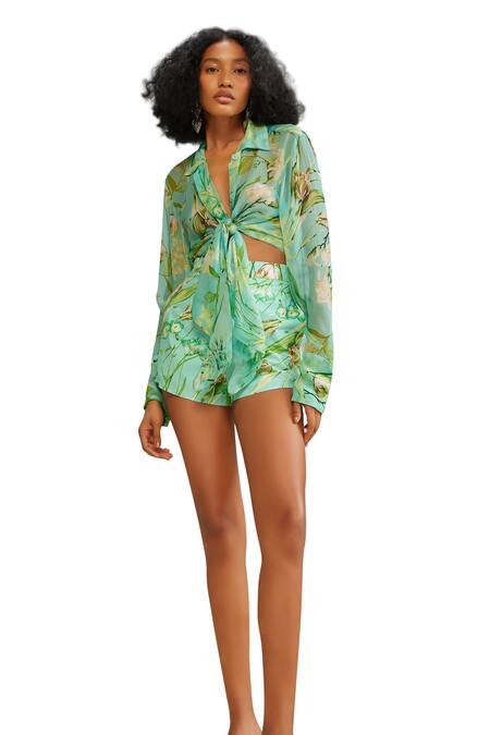 Shop_THE IASO_Green Chiffon Collared Mele Front Tie Shirt _Online_at_Aza_Fashions