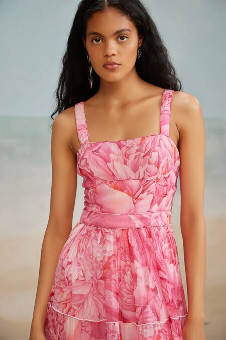 The Iaso Pink Chiffon Square Neck Lana Strappy Tiered Dress Online at Aza Fashions The Iaso_Pink Chiffon Square Neck Lana Strappy Tiered Dress _Online_at_Aza_Fashions
