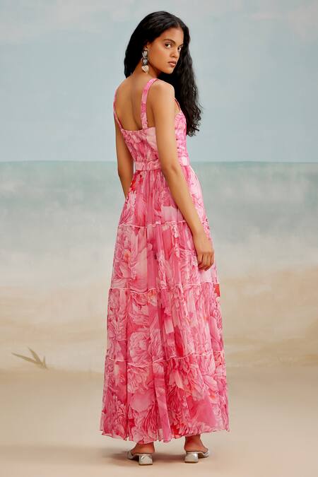 Buy The Iaso Pink Chiffon Square Neck Lana Strappy Tiered Dress Online at Aza Fashions Buy_The Iaso_Pink Chiffon Square Neck Lana Strappy Tiered Dress _Online_at_Aza_Fashions