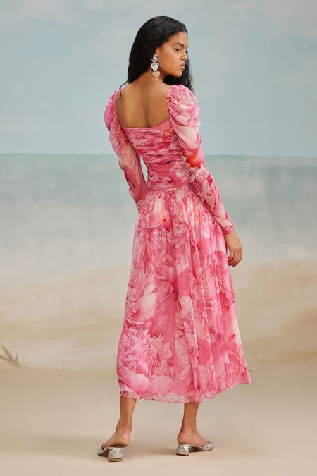 Shop The Iaso Pink Cotton, Modal Sweetheart Neck Lana Floral Print Ruched Dress at Aza Fashions Shop_The Iaso_Pink Cotton, Modal Sweetheart Neck Lana Floral Print Ruched Dress _at_Aza_Fashions