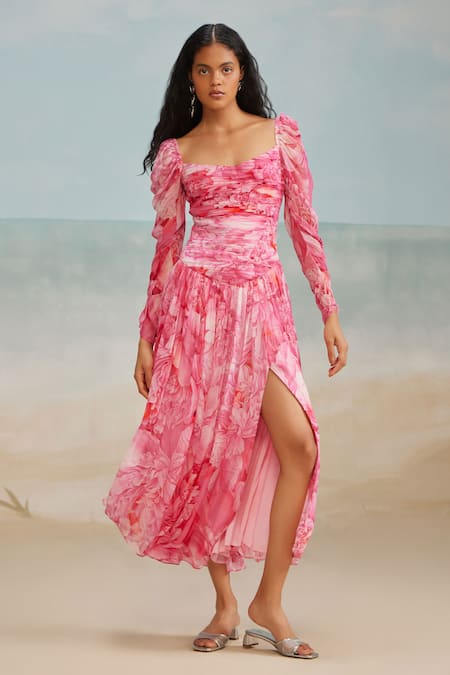 The Iaso Pink Cotton, Modal Sweetheart Neck Lana Floral Print Ruched Dress Online at Aza Fashions The Iaso_Pink Cotton, Modal Sweetheart Neck Lana Floral Print Ruched Dress _Online_at_Aza_Fashions