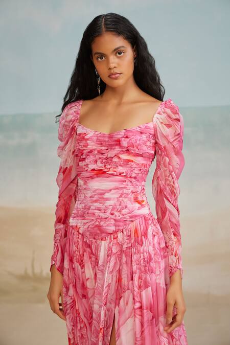 Buy The Iaso Pink Cotton, Modal Sweetheart Neck Lana Floral Print Ruched Dress Online at Aza Fashions Buy_The Iaso_Pink Cotton, Modal Sweetheart Neck Lana Floral Print Ruched Dress _Online_at_Aza_Fashions
