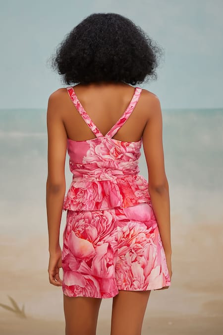 Shop The Iaso Pink Modal Sweetheart Neck Lana Floral Print Peplum Top at Aza Fashions Shop_The Iaso_Pink Modal Sweetheart Neck Lana Floral Print Peplum Top _at_Aza_Fashions