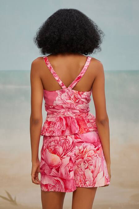 Shop The Iaso Pink Cotton Lana Floral Print Shorts at Aza Fashions Shop_The Iaso_Pink Cotton Lana Floral Print Shorts _at_Aza_Fashions