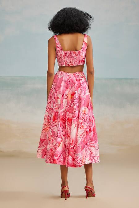 Shop_The Iaso_Pink Cotton, Modal Lana Floral Print Slit Skirt _at_Aza_Fashions