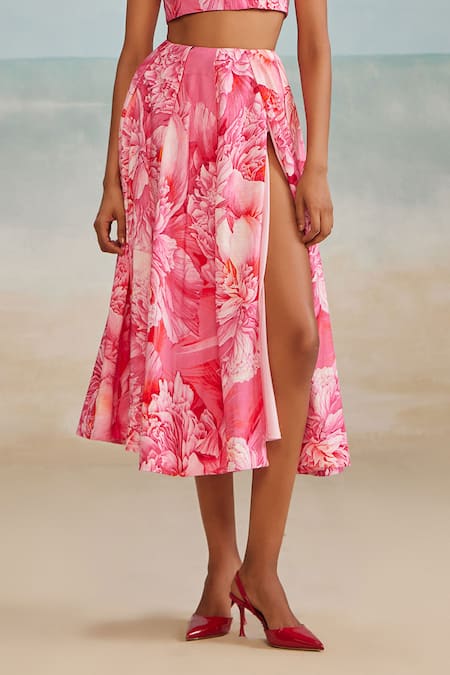The Iaso_Pink Cotton, Modal Lana Floral Print Slit Skirt _Online_at_Aza_Fashions