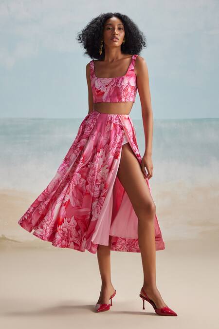 Buy_The Iaso_Pink Cotton, Modal Lana Floral Print Slit Skirt _Online_at_Aza_Fashions