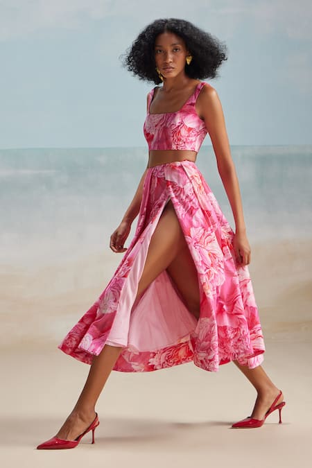 Shop_The Iaso_Pink Cotton, Modal Lana Floral Print Slit Skirt _Online_at_Aza_Fashions