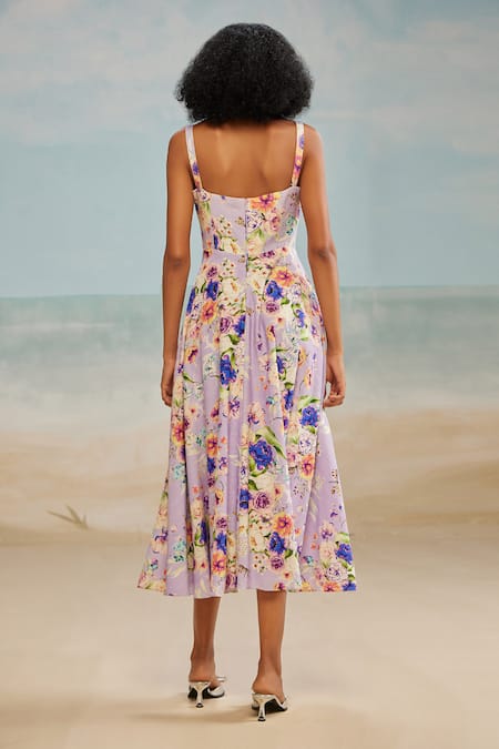 Shop_The Iaso_Purple Modal Sweetheart Neck Corset Floral Print Dress _at_Aza_Fashions