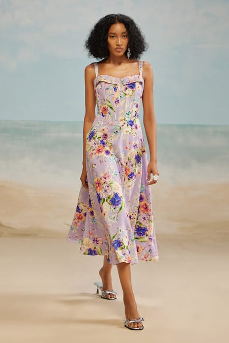 The Iaso_Purple Modal Sweetheart Neck Corset Floral Print Dress _Online_at_Aza_Fashions