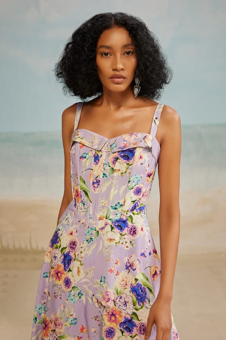 Shop_The Iaso_Purple Modal Sweetheart Neck Corset Floral Print Dress _Online_at_Aza_Fashions