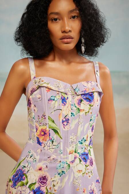 The Iaso_Purple Modal Sweetheart Neck Corset Floral Print Dress _at_Aza_Fashions
