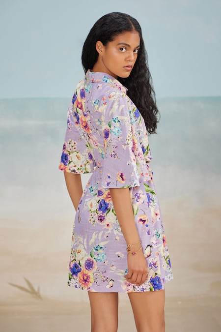 Shop The Iaso Purple Cotton Collared Floral Print Shirt Dress at Aza Fashions Shop_The Iaso_Purple Cotton Collared Floral Print Shirt Dress _at_Aza_Fashions