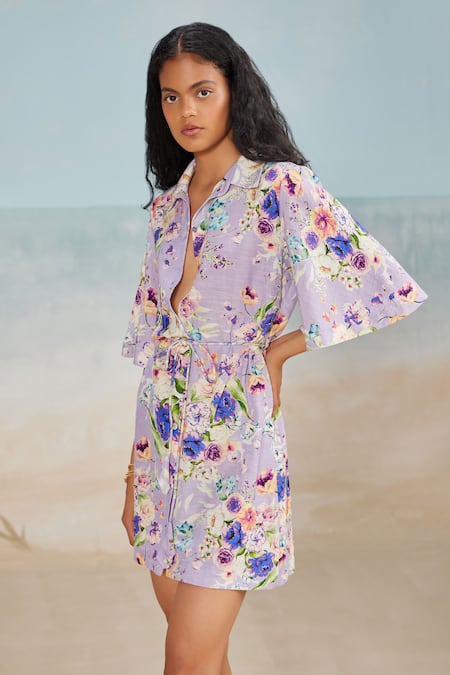 The Iaso Purple Cotton Collared Floral Print Shirt Dress Online at Aza Fashions The Iaso_Purple Cotton Collared Floral Print Shirt Dress _Online_at_Aza_Fashions