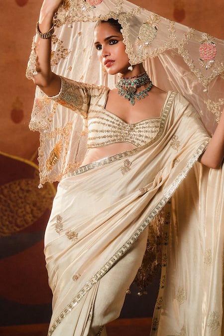 Shop_Masaba_Beige Silk, Tulle Embroidery, Patchwork The Bombay Barfi Saree Set With Veil _at_Aza_Fashions
