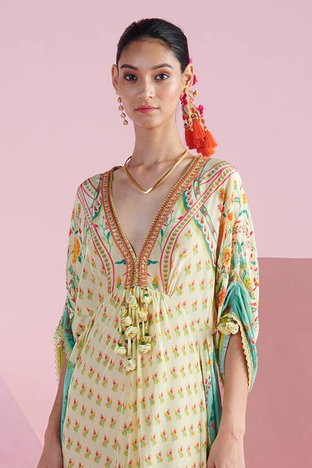 Mandira Wirk - Indian Ivory Crepe Sequins, Beads Plunge Neck Seyda Iznik Print Kaftan Online at Aza Fashions Mandira Wirk - Indian_Ivory Crepe Sequins, Beads Plunge Neck Seyda Iznik Print Kaftan _Online_at_Aza_Fashions