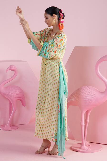 Buy Mandira Wirk - Indian Ivory Crepe Sequins, Beads Plunge Neck Seyda Iznik Print Kaftan Online at Aza Fashions Buy_Mandira Wirk - Indian_Ivory Crepe Sequins, Beads Plunge Neck Seyda Iznik Print Kaftan _Online_at_Aza_Fashions