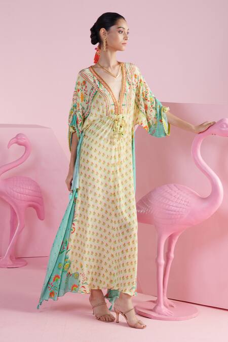 Shop Mandira Wirk - Indian Ivory Crepe Sequins, Beads Plunge Neck Seyda Iznik Print Kaftan Online at Aza Fashions Shop_Mandira Wirk - Indian_Ivory Crepe Sequins, Beads Plunge Neck Seyda Iznik Print Kaftan _Online_at_Aza_Fashions