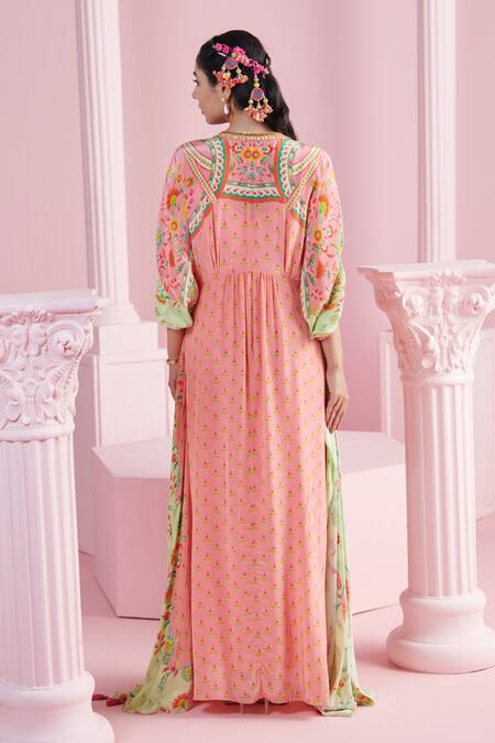 Shop_Mandira Wirk - Indian_Multi Color Crepe Embroidery, Beads, Sequins Plunge Sirin Flower Print Kaftan _at_Aza_Fashions