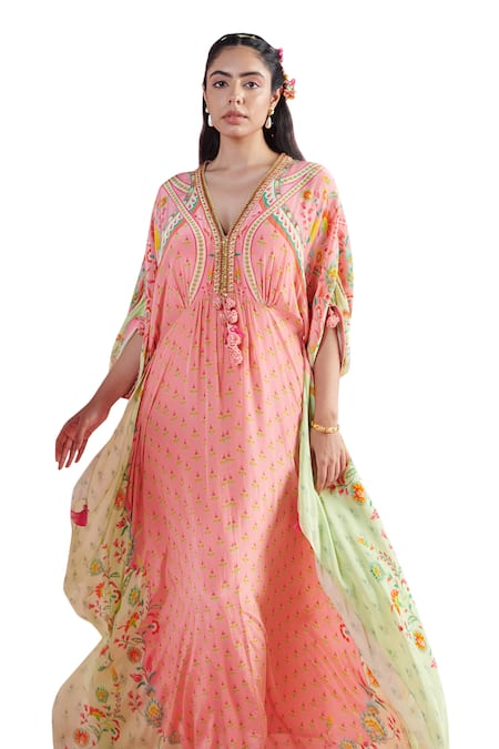 Mandira Wirk - Indian_Multi Color Crepe Embroidery, Beads, Sequins Plunge Sirin Flower Print Kaftan _Online_at_Aza_Fashions
