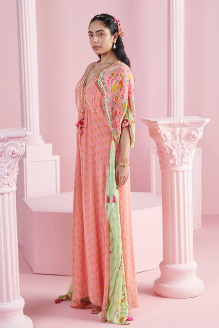Buy_Mandira Wirk - Indian_Multi Color Crepe Embroidery, Beads, Sequins Plunge Sirin Flower Print Kaftan _Online_at_Aza_Fashions