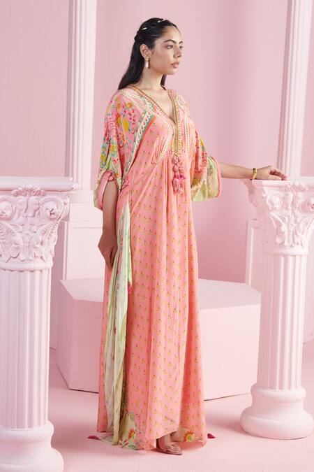 Shop_Mandira Wirk - Indian_Multi Color Crepe Embroidery, Beads, Sequins Plunge Sirin Flower Print Kaftan _Online_at_Aza_Fashions