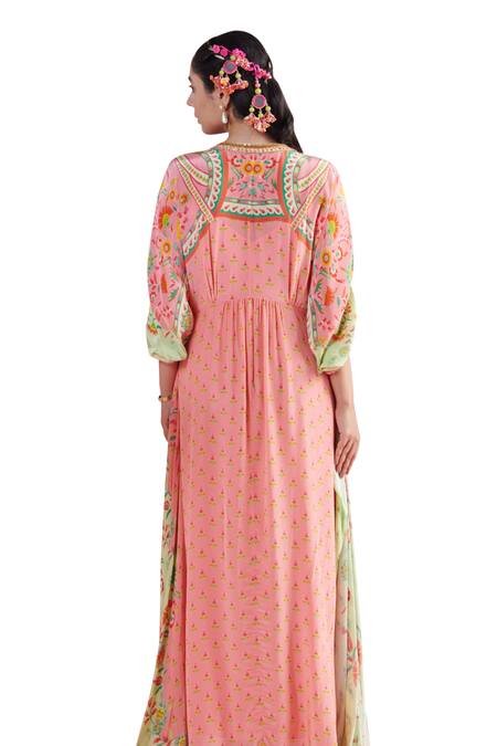 Mandira Wirk - Indian_Multi Color Crepe Embroidery, Beads, Sequins Plunge Sirin Flower Print Kaftan _at_Aza_Fashions