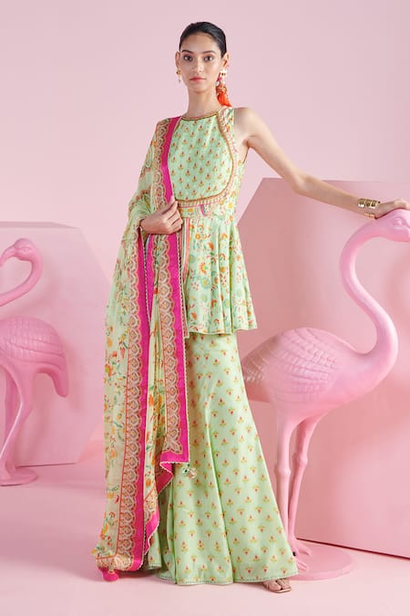 MANDIRA WIRK - Indian Green Chiffon Printed Floral Boat Neck Nevin Peplum Top Flared Pant Set 