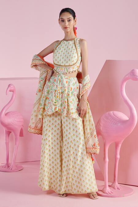 Shop Mandira Wirk - Indian Ivory Chanderi Sequins, Beads, Embroidery Imaya Printed Peplum Top Sharara Set Online at Aza Fashions Shop_Mandira Wirk - Indian_Ivory Chanderi Sequins, Beads, Embroidery Imaya Printed Peplum Top Sharara Set _Online_at_Aza_Fashions
